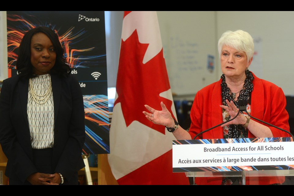 Minister of Education Mitzie Hunter and Guelph MPP Liz Sandals announce the province's $50-million plan to improve internet access in schools Monday, May 15, 2017, at Westminster Woods Public School. Tony Saxon/GuelphToday