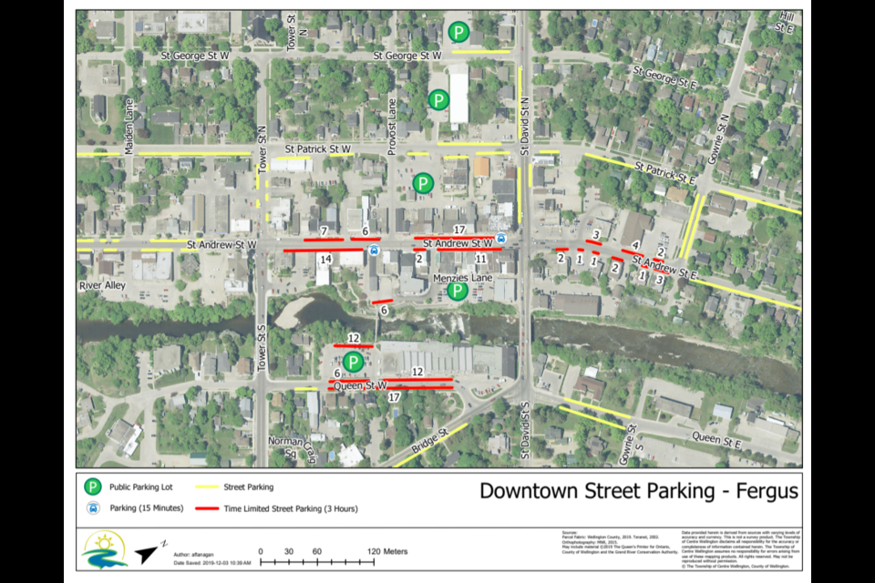 A map from a report to the committee of the whole shows the timed parking spot locations in Fergus.