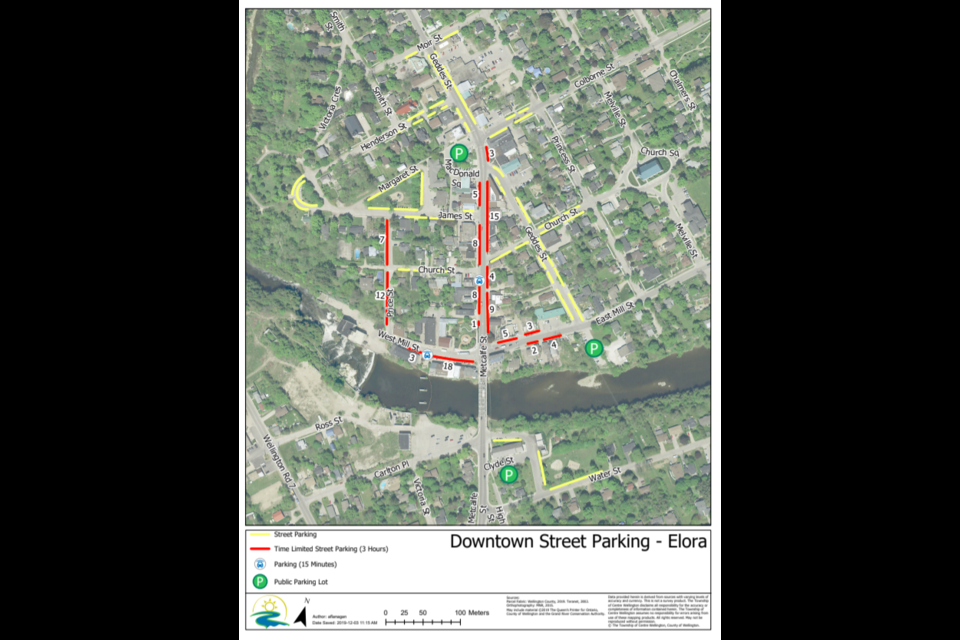 A map from a report to the committee of the whole shows the timed parking spot locations in Elora.