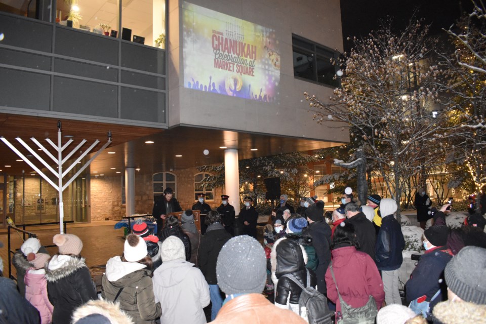 Well over 100 people came to Market Square on Sunday to celebrate the first night of Chanukah.