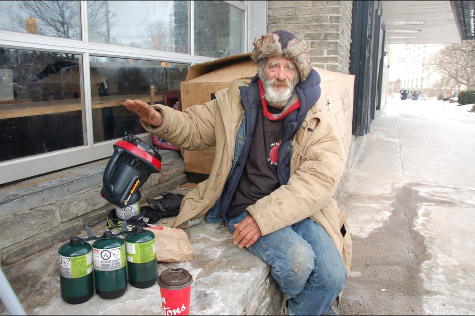 Bruce Boyko is living on the shelf outside Guelph Concert Theatre on Wyndham Street North. Richard Vivian/GuelphToday