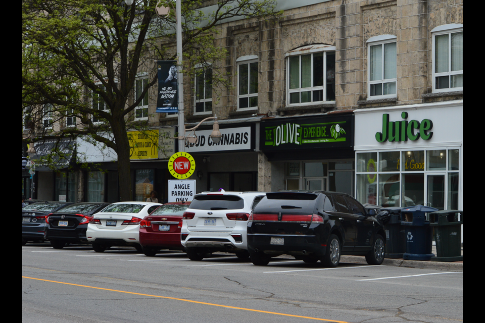 Angled parking spaces on Wyndham Street North. GuelphToday file photo