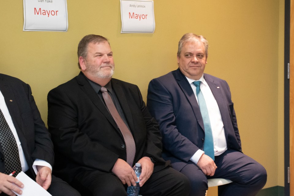 Wellington North mayoral candidates, Dan Yake and Andy Lennox, at an all candidates event Thursday night in Mount Forest.