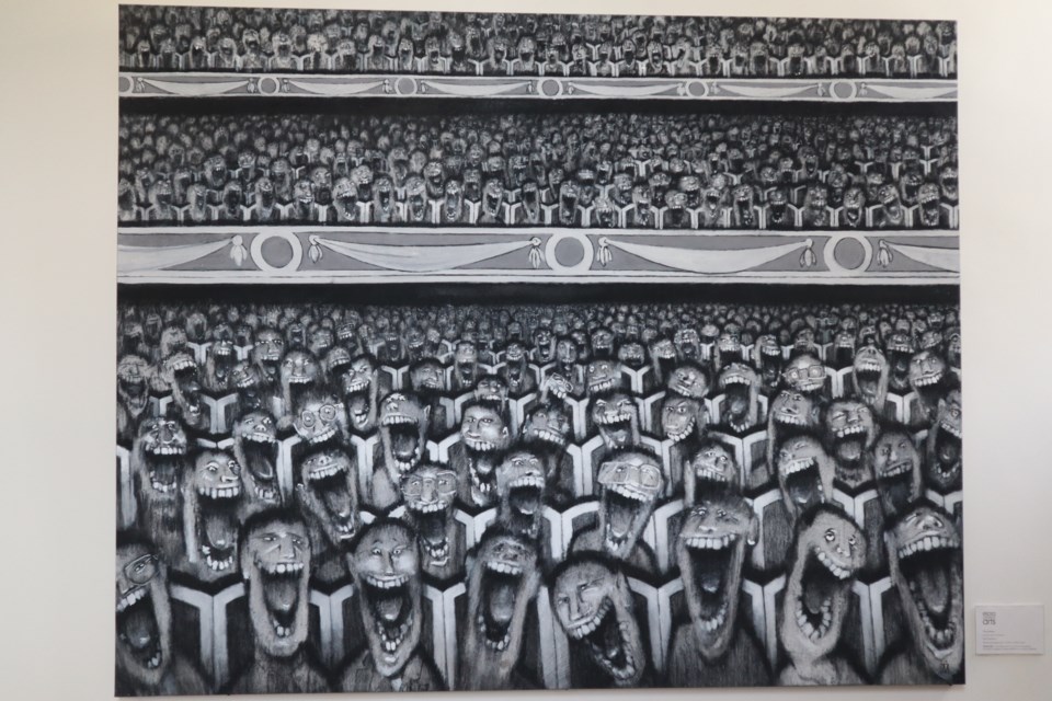 Large painting of laughing audience members. The painting is called The Audience by Elora artist Tim Murton.