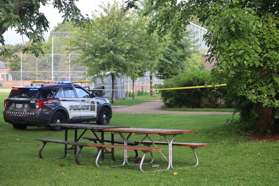 A police vehicle parked inside Royal City Park south of the LCBO parking lot.