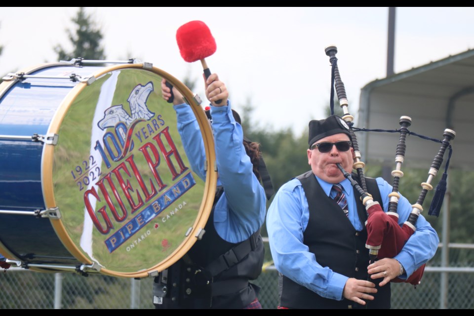 The Guelph Pipe Band along with other bands played together at the Guelph Scottish Festival on Saturday at the Guelph Royal Canadian Legion.