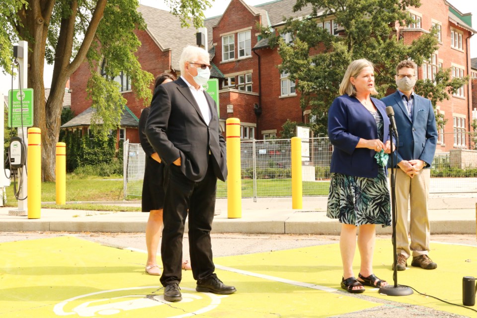 Ontario NDP party leader Andrea Horwath, left, joined by NDP MP Peter Tabuns, right, NDP MP Sandy Shaw, back right, and Guelph resident Jamey Rosen, back left. Ariel Deutschmann/GuelphToday