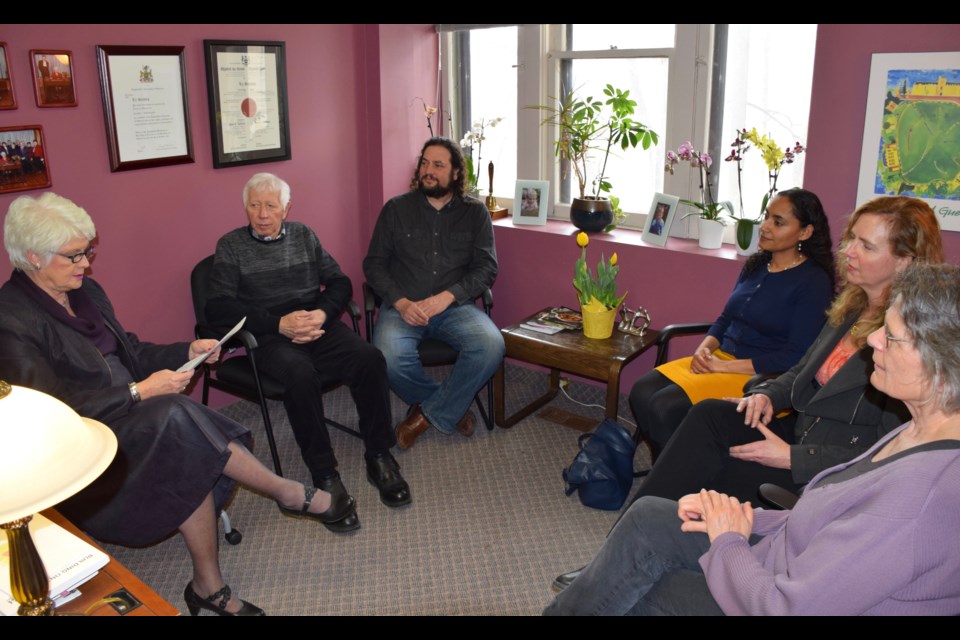 Representatives from three local festivals gather in Guelph MPP Liz Sandals' office Friday for a Celebrate Ontario 2017 funding announcement. Clockwise from left, Sandals, Delfino Callegari of the Multicultural Festival, Adrian Harding, Hillside Festival board member, Jenny Santos-Haayen of the Multicultural Festival, Marie Zimmerman of Hillside, and Julie Hastings of the Guelph Jazz Festival. Rob O'Flanagan/GuelphToday