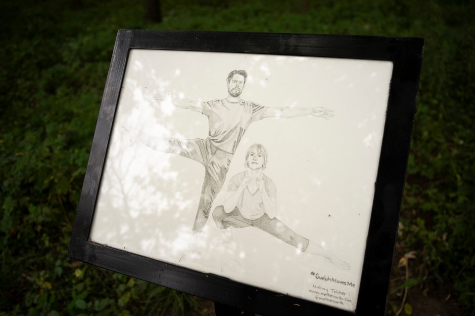 A close up of a #GuelphMovesMe piece featuring Ian and Lauryn Conlon. The piece was created by Guelph's 2019 artist in residence Mallory Tolcher. Kenneth Armstrong/GuelphToday