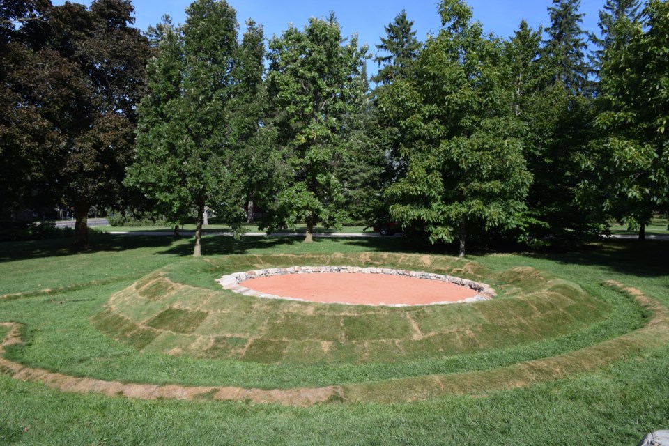 Elevated view of Don Russell's Circle Mound, unveiled this week on the grounds of the Art Gallery of Guelph. (Rob O'Flanagan/GuelphToday)