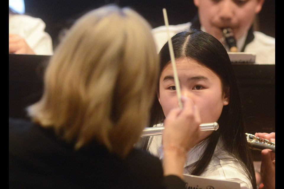 A flute player from the Mitchell Woods Senior Band keeps an eye on her conductor Thursday, April 19, 2018, at the Kiwanis Music Festival event at the Salvation Army Citadel. Tony Saxon/GuelphToday