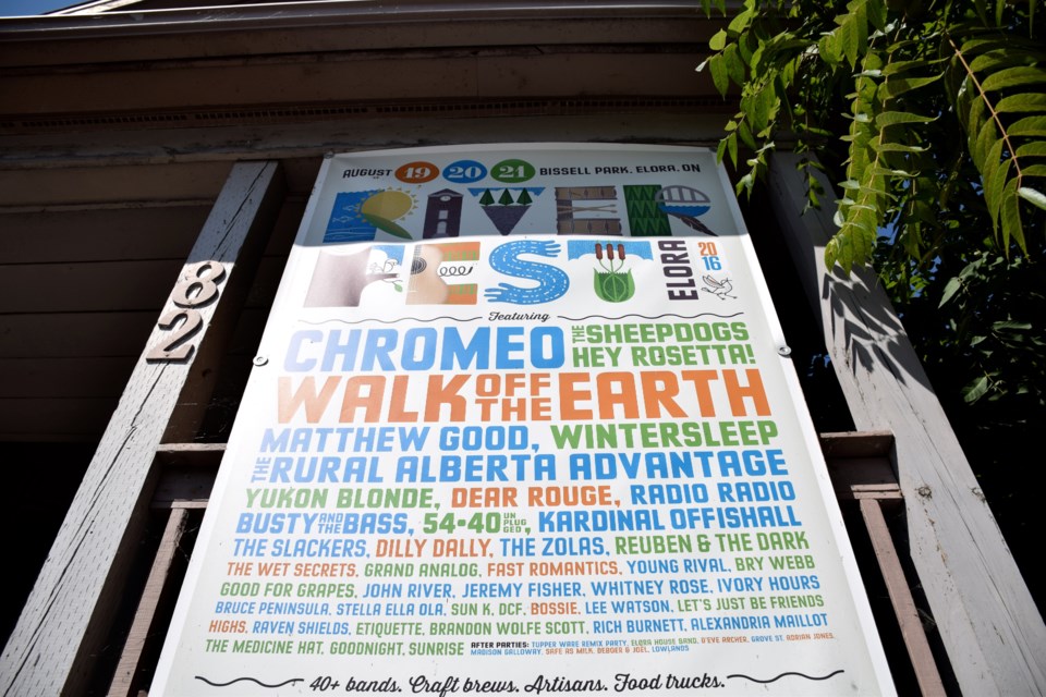 The billboard outside the River Fest Elora office highlights the great Canadian bands playing this year's event. (Rob O'Flanagan/GuelphToday)