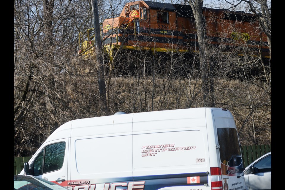 Guelph Police investigate after a pedestrian was struck and killed by a freight train Thursday, April 12, 2018, on the tracks between Victoria Road and Stevenson Street. Tony Saxon/GuelphToday