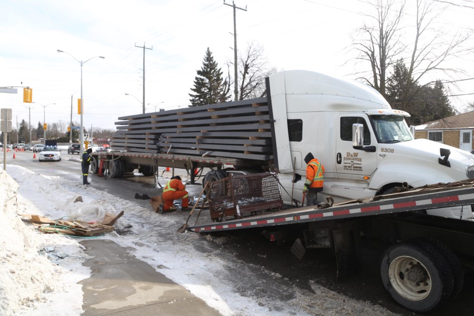 A truck lost part of its load on Victoria Road North after the load shifted following a collision Tuesday afternoon, say Guelph Police. Kenneth Armstrong/GuelphToday