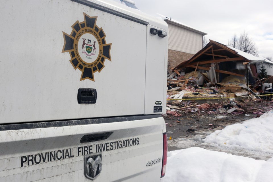 Some debris has been removed from the Southcreek Trail house that exploded on Friday. Investigators were on the scene Monday to make a final determination of the cause of the blast. Kenneth Armstrong/GuelphToday