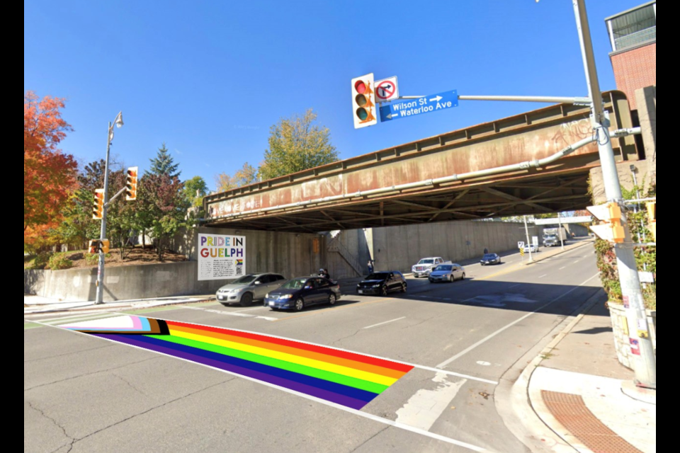 A conceptual image showing where and what the rainbow crosswalk will look like at the Gordon/Wilson streets intersection.