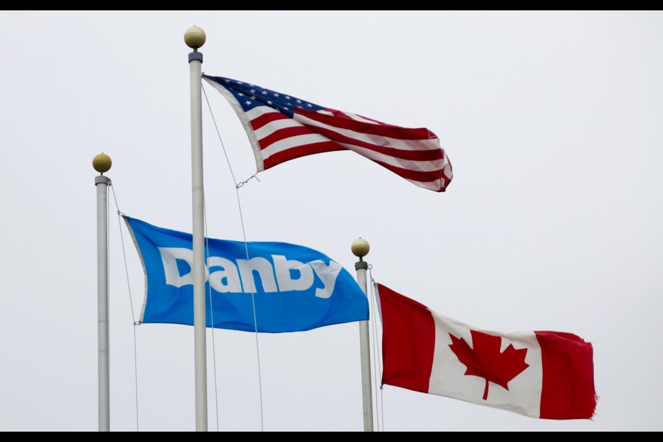 The Danby Products flag flies along side the Canadian and American flags at the company's Guelph headquarters. Rob O'Flanagan/GuelphToday                               