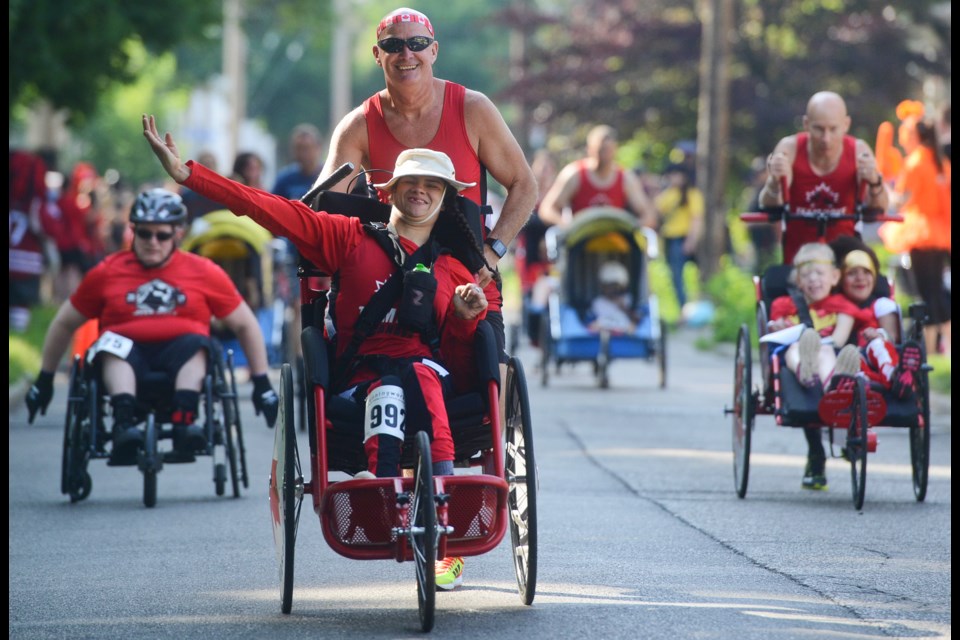 Leading the pack at the start of the  5km event at the 2018 Superhero Run For Kidsability. Tony Saxon/GuelphToday