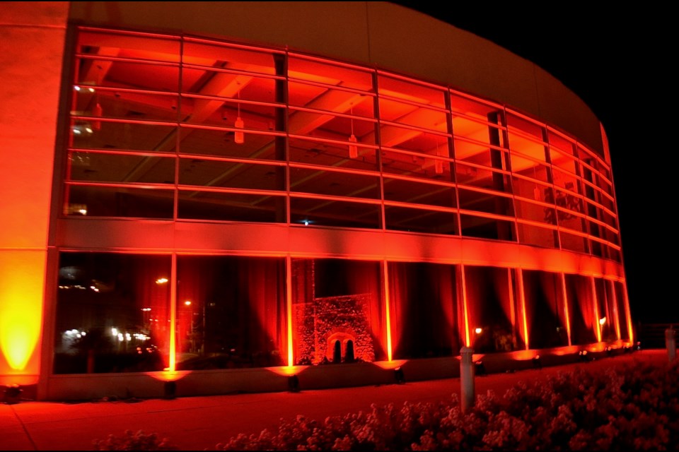 The River Run Centre is lit up in red Tuesday night as part of the nationwide Lightuplive event to highlight performance spaces closed because of the pandemic. Troy Bridgeman for GuelphToday