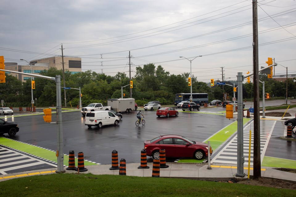 A new protected intersection for cyclists opened Monday at Gordon Street and Stone Road. Kenneth Armstrong/GuelphToday