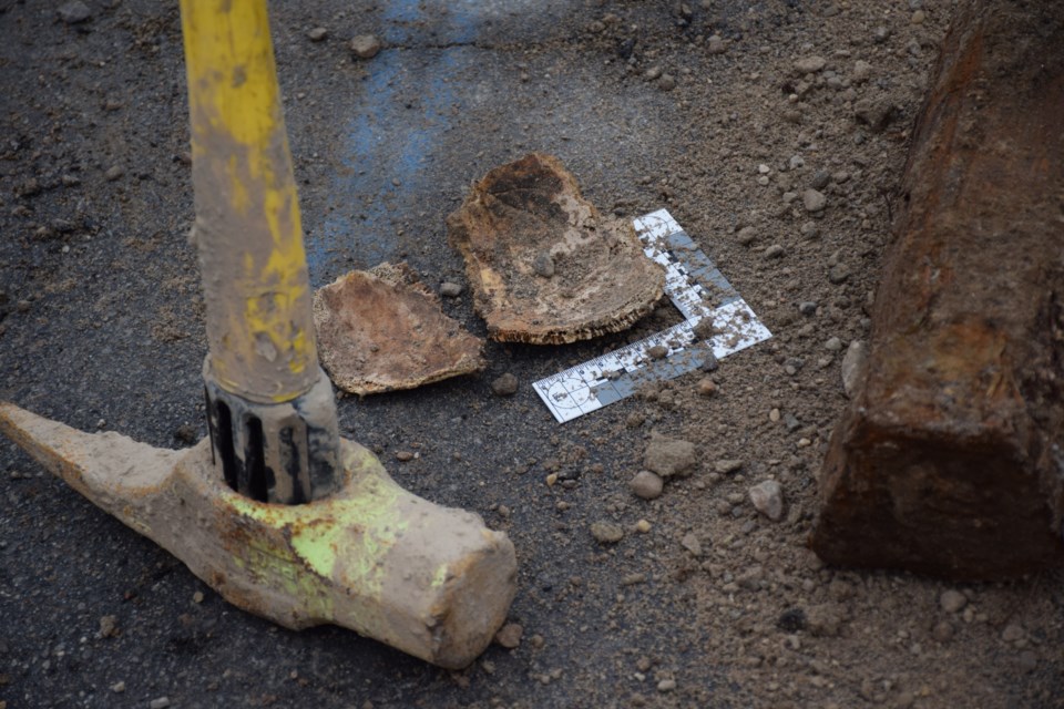 Skull fragments were discovered Monday morning underground near the Baker Street parking booth. Rob O'Flanagan/GuelphToday