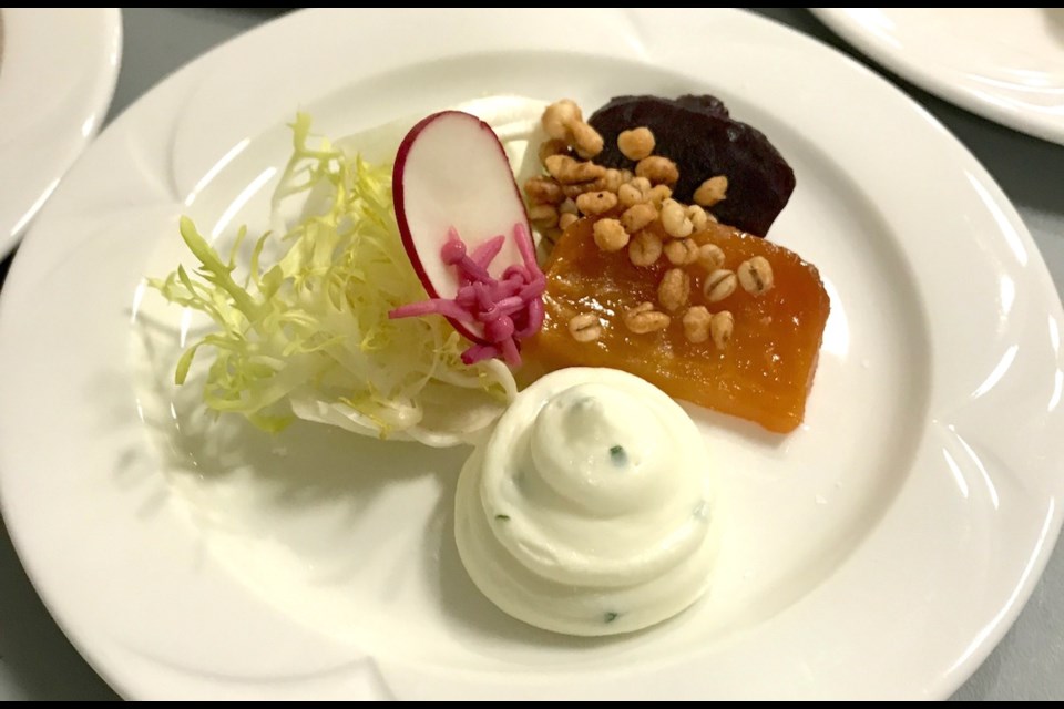 For starters - roasted beets, goat cheese mousse, smoked cold toasted barley and citrus honey.  Photo courtesy of Vijay Nair