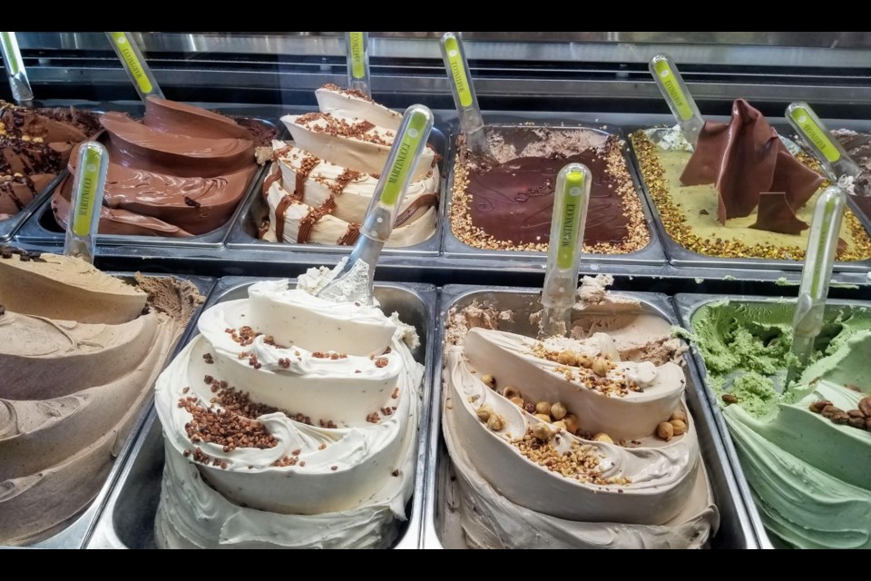 A typical gelato case in Italy.