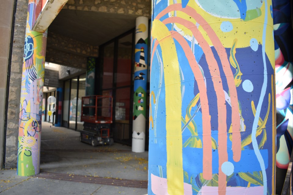 Artists from the Necessary Arts Collective came together and painted murals along the pillars in The Walkway in downtown Guelph. Taylor Pipe for GuelphToday