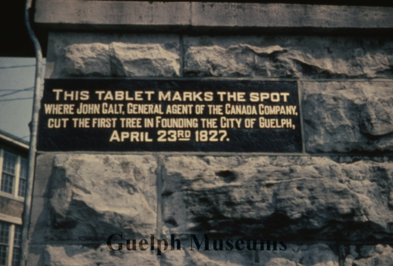 The tablet commemorating the founding of Guelph is on the railroad bridge near Guelph Central Station and marks the site where that tree was cut down.