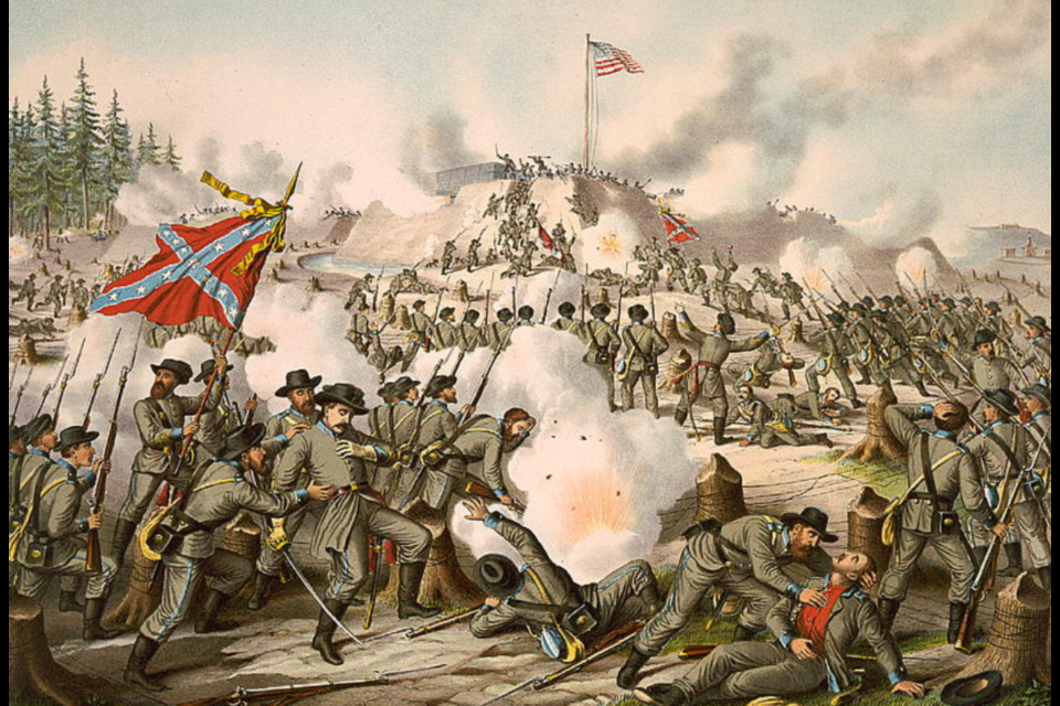 This painting, dubbed 'Assault on Fort Sanders depicts Union troops led by Gen. Burnside fighting Confederates led by Gen. Longstreet, Nov. 29, 1863.