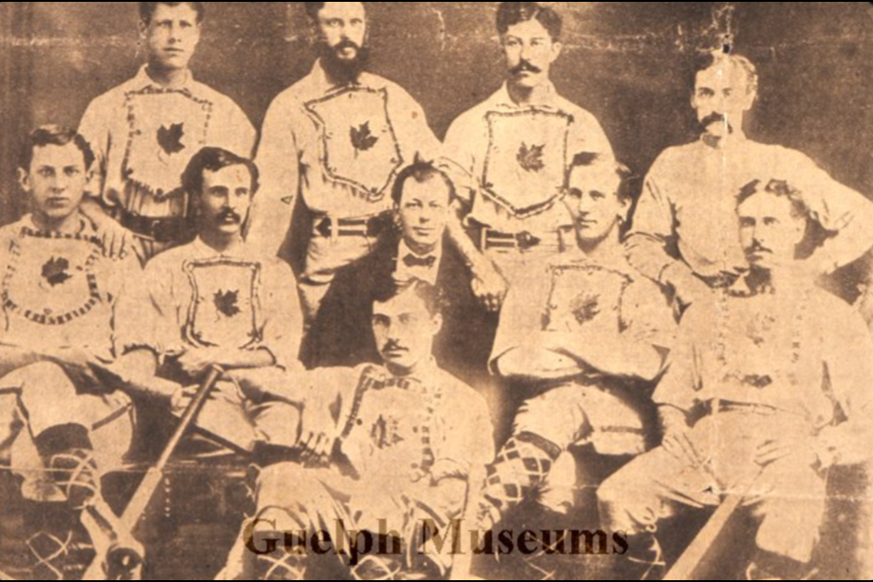 Guelph Maple Leafs in 1874. George Sleeman in the centre wearing a dark suit.