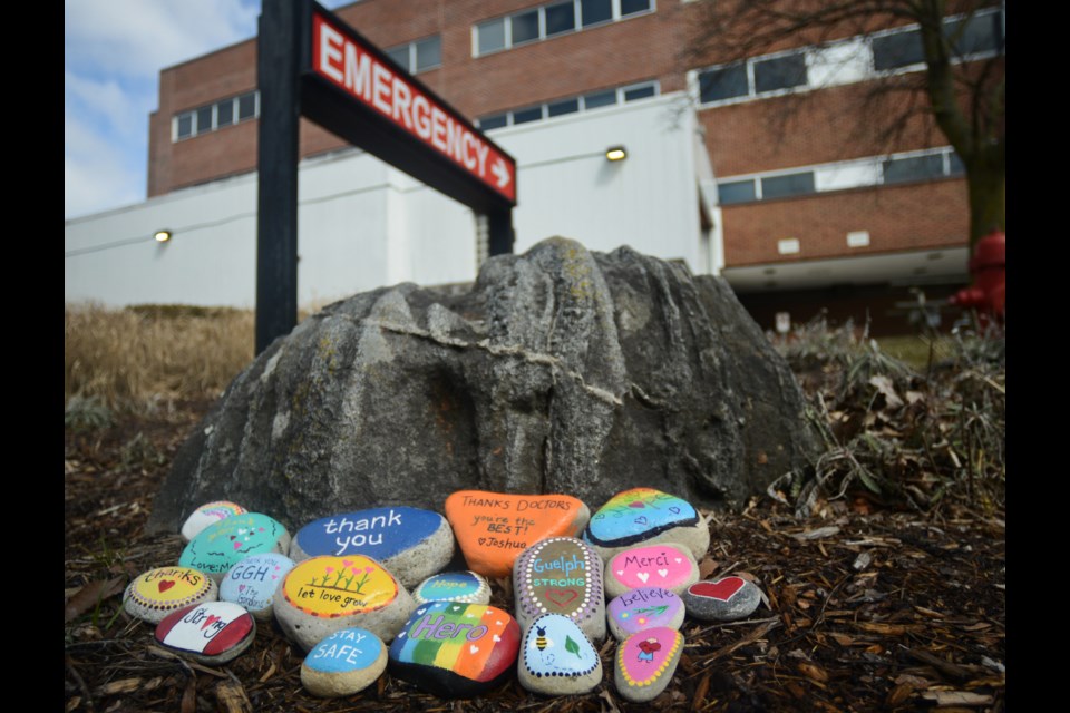 Words of support and thanks on rocks placed outside Guelph General Hospital. Tony Saxon/GuelphToday