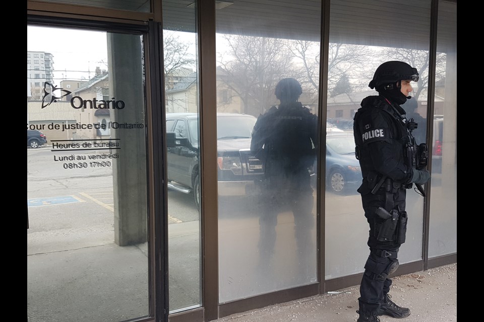 The Guelph Police tactical unit was deployed at the Guelph court on Wyndham Street Tuesday, Feb. 28, 2017, for the initial court appearance by a man accused of murdering a Comfort Inn employee last year. Tony Saxon/GuelphToday