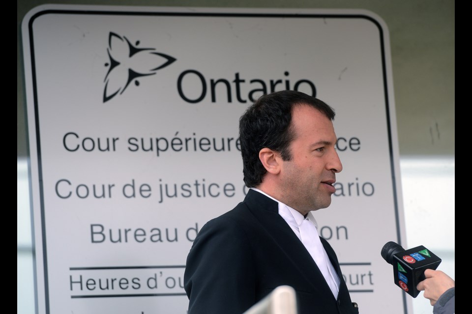 Ari Goldkind, lawyer for Sean Haverty, is interviewed outside Ontario Superior Court of Justice. Tony Saxon/GuelphToday