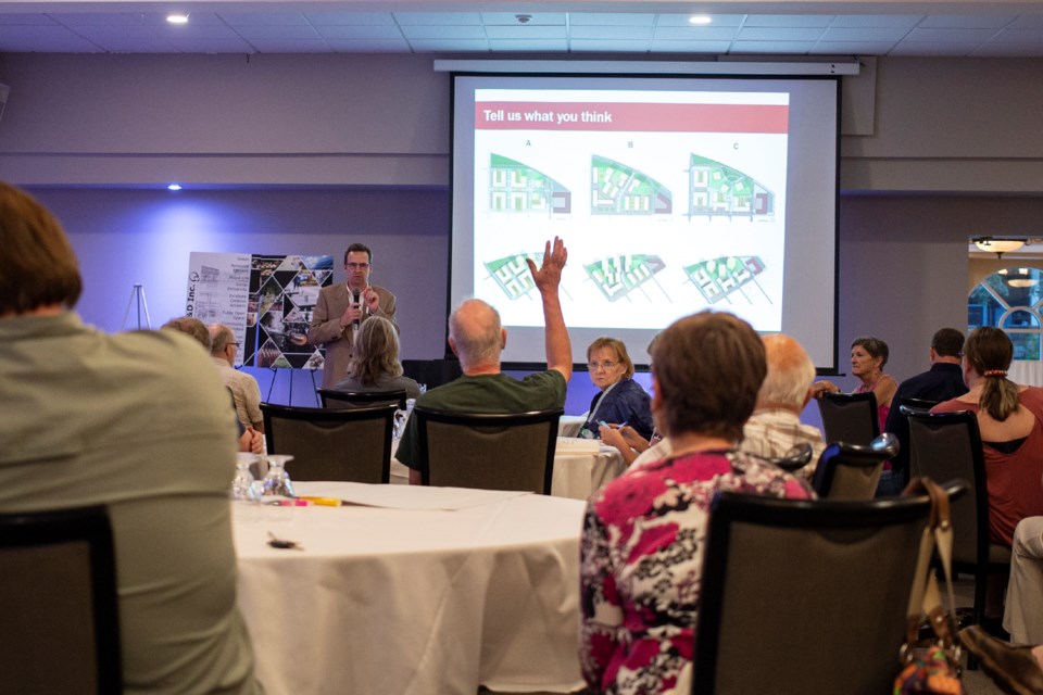 Urban Strategies Inc. consultant Tim Smith takes questions from neighbouring residents of the proposed 200 Beverley Street project during a meeting Tuesday at the Italian Canadian Club. Kenneth Armstrong/GuelphToday