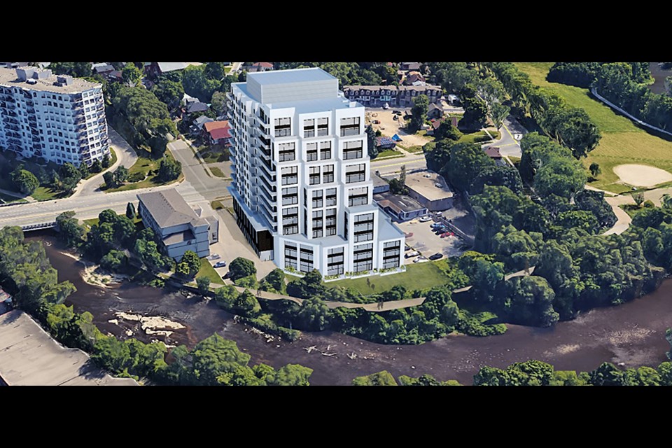 Initial artist rendering of a proposed 14-storey condo at 71 Wyndham St. S. Supplied image