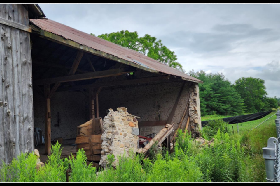 A wall of this circa. 1850 stone barn at 2187 Gordon St. has collapsed - the owner is appeal efforts to fix and preserve it.