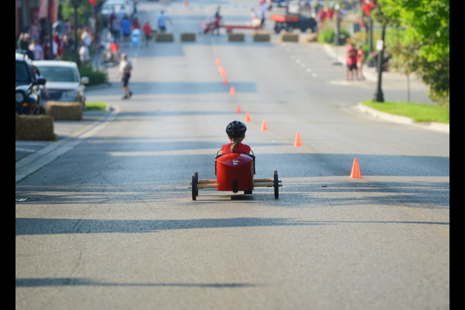 A soap box heads down the main street of Elora at the annual Canada Day Soap Box Derby Sunday, July 1, 2018. Tony Saxon/GuelphToday