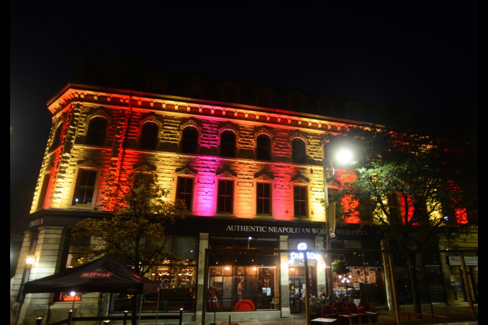 The Wellington Building at the top of Wyndham Street North is one of four downtown buildings that have been illuminated as part of the Illuminate Downtown Guelph project.