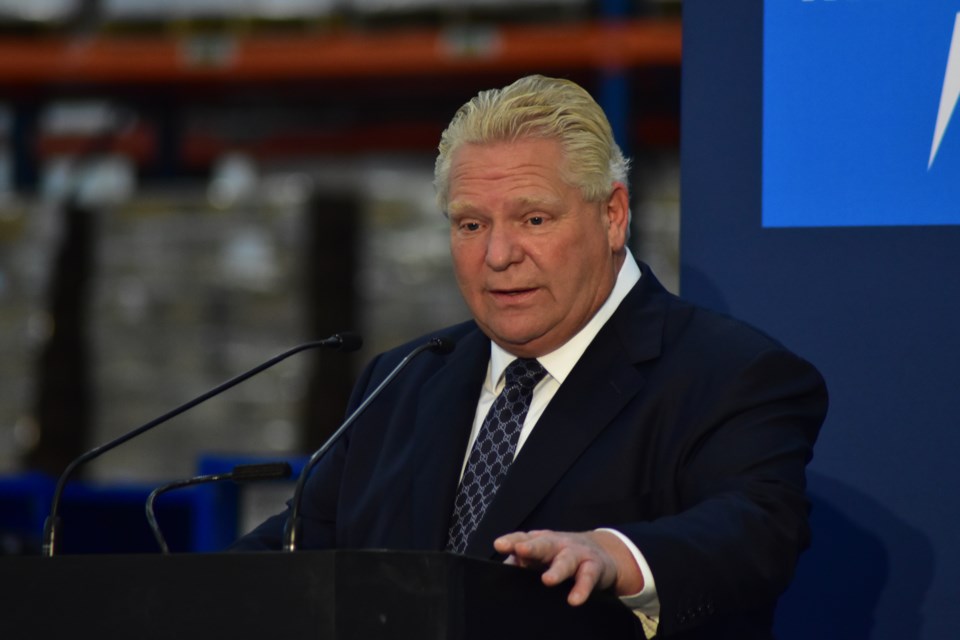 Ontario Premier Doug Ford speaks at the Medline Canada Guelph Distribution Centre on Friday.