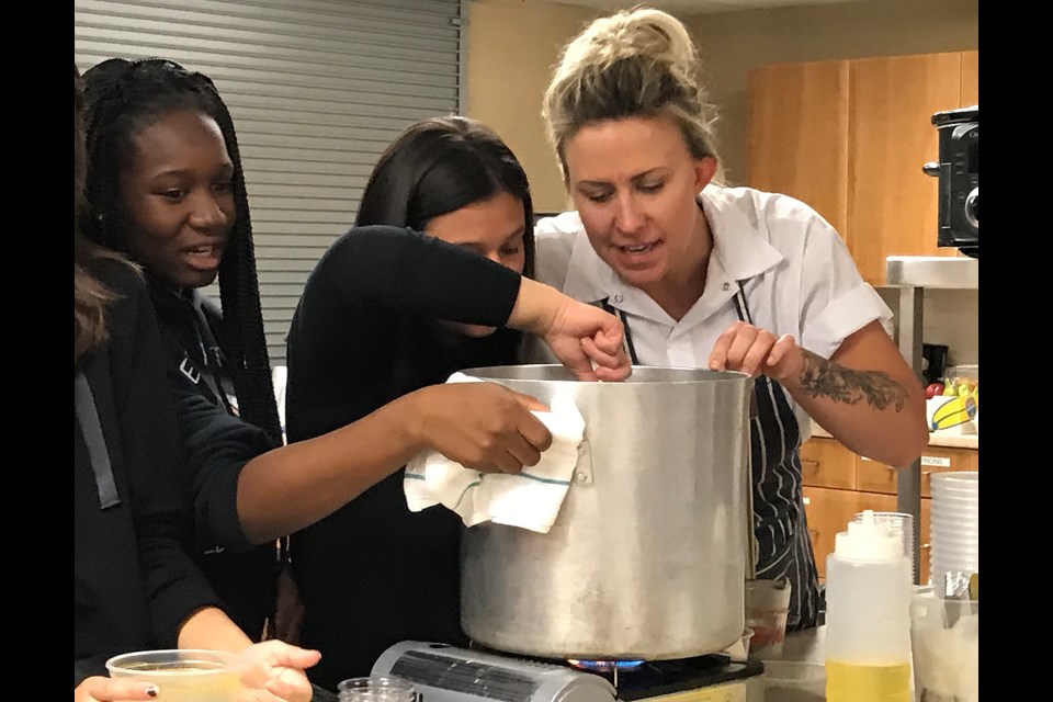 Chef Becky Hood from Soup Sisters leads a soup making workshop a tthe Power of the Girl event at Lakeside Church Thursday, Oct. 19, 2017. Barb McKechnie for GuelphToday