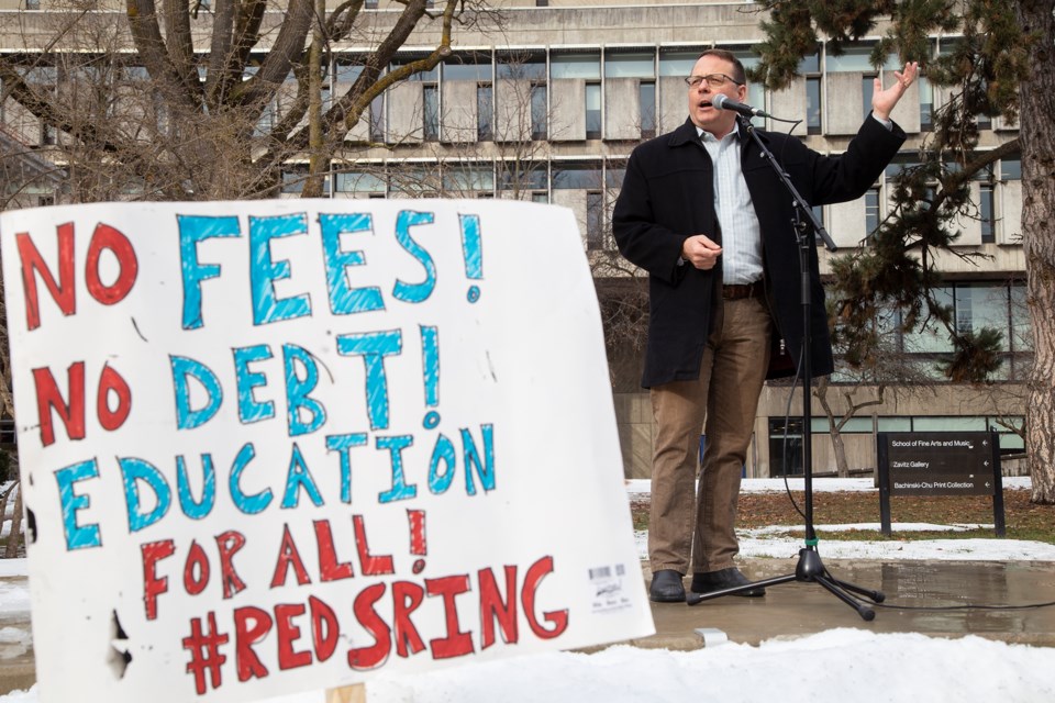 Guelph MPP Mike Schreiner speaks at a student protest held Monday at U of G.  Students are protesting cuts to grants and student fees, which pay for services like student newspapers and radio stations, among others. Kenneth Armstrong/GuelphToday