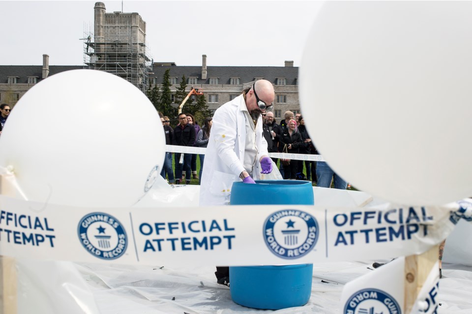 On Thursday, the University of Guelph Physics and Astronomy Club attempted to break a Guinness World Record by creating the world's largest-ever Elephant’s Toothpaste — a mixture of peroxide, soap and a catalyst that results in an exciting eruption of soapy foam — on Johnston Green. Kenneth Armstrong/GuelphToday