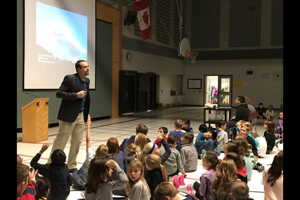 Alan Mallory speaks to Kortright Hills Public School students at an assembly Wednesday, Feb. 15, 2017. Barb McKechnie for GuelphToday