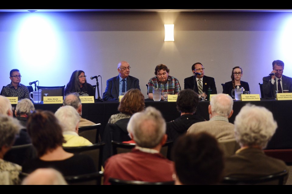 Seven of the eight local candidates for the upcoming provincial election were at an all-candidates forum Thursday at the Italian Canadian Club. Tony Saxon/GuelphToday