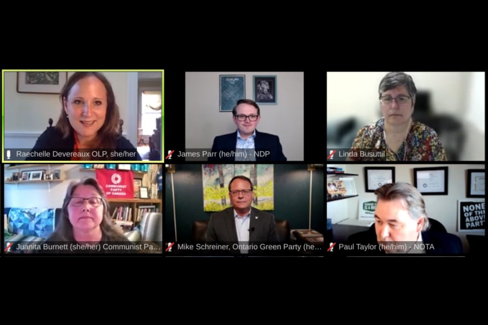 Clockwise from top left are Liberal candidate Raechelle Devereaux, NDP's James Parr, town hall moderator Linda Busuttil, None of the Above's Paul Taylor, Green Mike Schreiner and Communist Juanita Burnett.