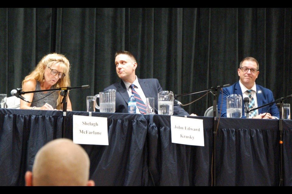 Three of six mayoral candidates turned out for a debate hosted by Village by the Arboretum on Thursday afternoon. From left are Shelagh McFarlane, John Edward Krusky and Cam Guthrie.