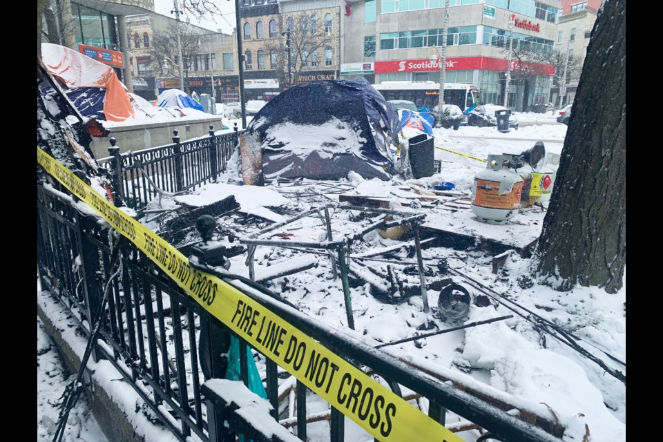 FIre destroyed the downtown encampment in St. George's Square Monday night.