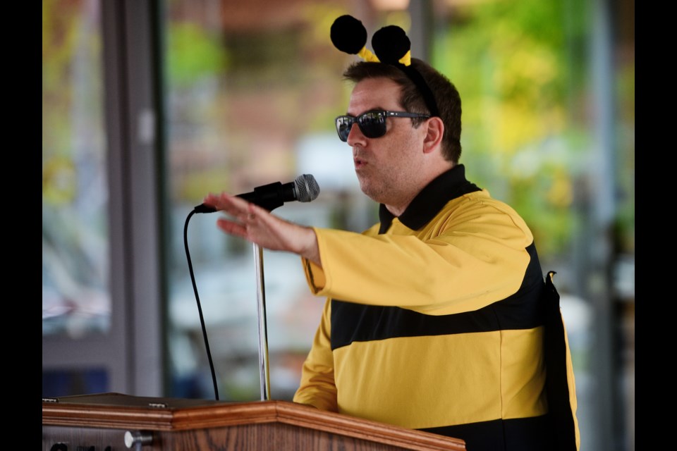 Mayor Cam Guthrie speaks at a Pollination Guelph event at Market Square Tuesday. Tony Saxon/GuelphToday