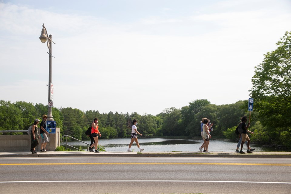 Nine people made the trek from Guelph City Hall to Aberfoyle on Monday in support of Wellington Water Watchers. Kenneth Armstrong/GuelphToday